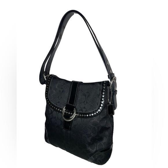 Coach Flap Duffle Monogram Canvas Leather Studding Black Shoulder Handbag Purse - Picture 3 of 12